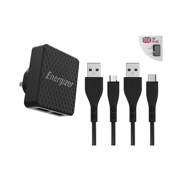 Energizer 2 Port 2.4A USB Wall Charger with USB Type-C & Micro USB Cable