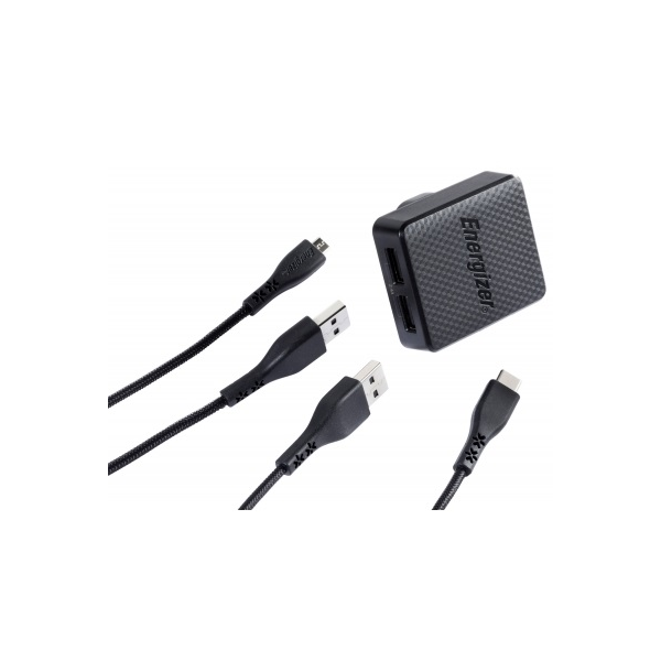 Energizer 2 Port 2.4A USB Wall Charger with USB Type-C & Micro USB Cable