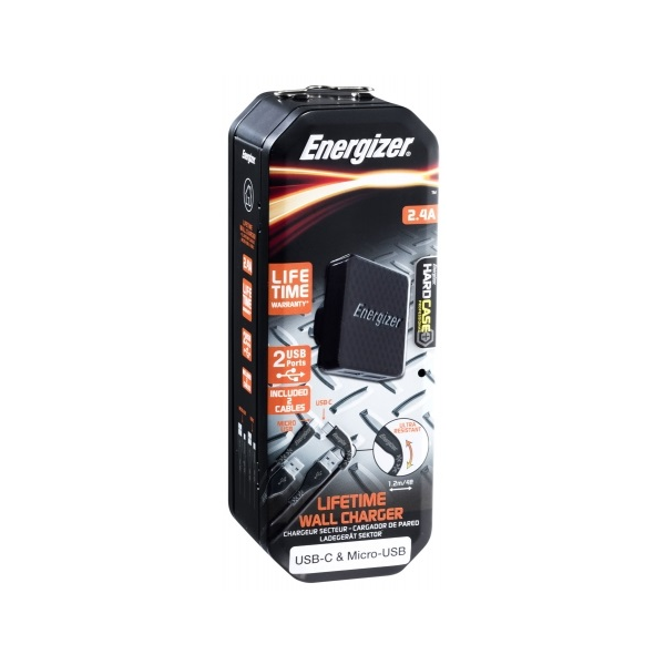 Energizer 2 Port 2.4A USB Wall Charger with USB Type-C & Micro USB Cable