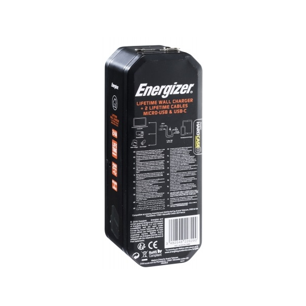 Energizer 2 Port 2.4A USB Wall Charger with USB Type-C & Micro USB Cable
