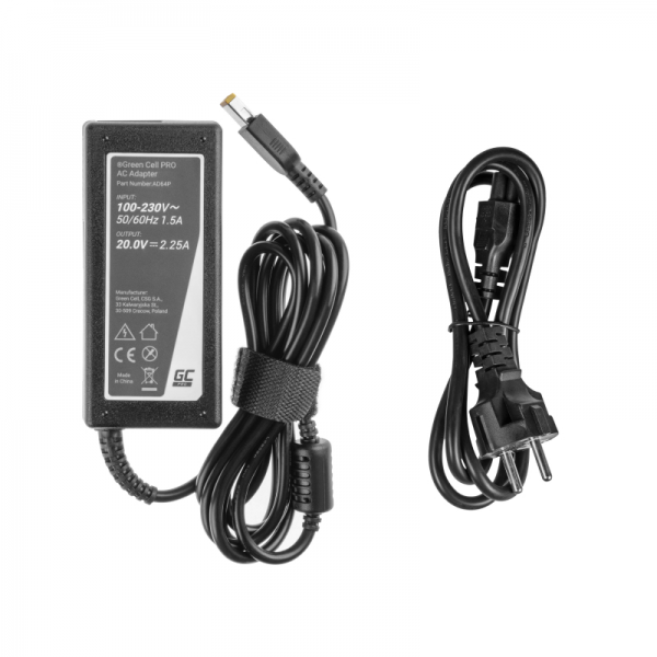 Green Cell Pro 45W Lenovo Laptop Power Supply (Rectangular Yellow Slim Tip)