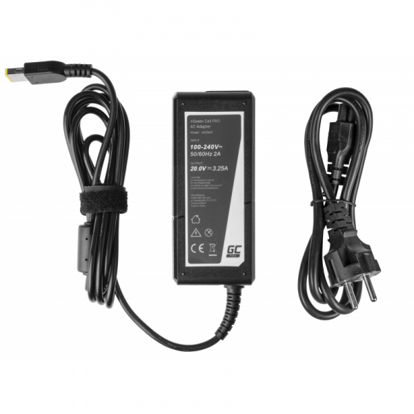 Green Cell Pro 65W Lenovo Laptop Power Supply (Rectangular Yellow Slim Tip)