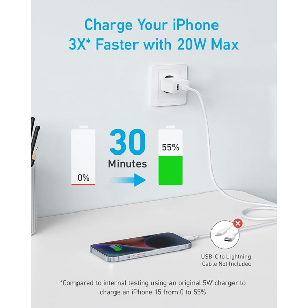 Anker 312 20W USB-C USB-A Power Adapter White