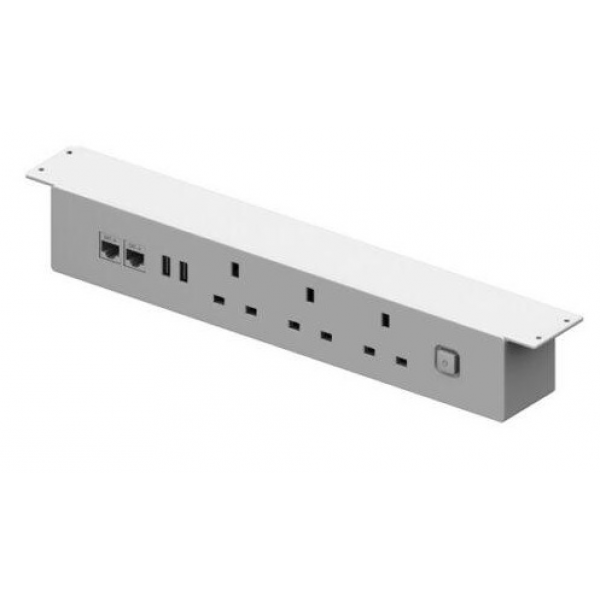 Desk Station Under 2xEthernet 2xUSB-A 3x UK Plug Power Extension White