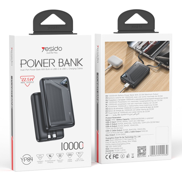 Yesido YP84 10000mAh 22.5W Powerbank with Retractable Cables