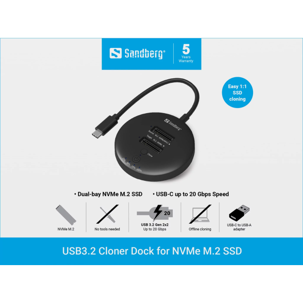 Sandberg USB-C 3.2 Cloner Dock for M.2 & NVMe SSD