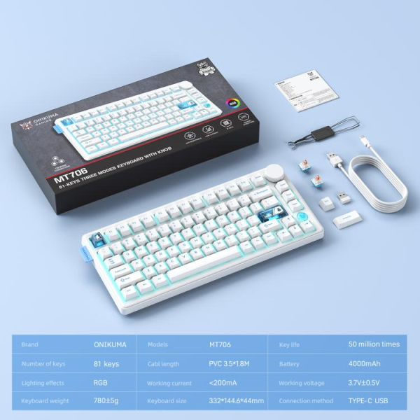 Onikuma MT706 RGB Backlit Wireless Keyboard White