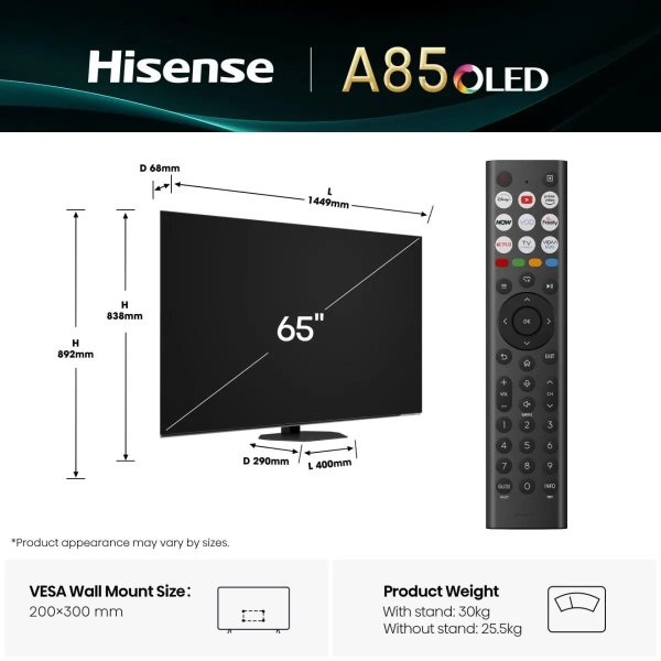 Hisense 65A85Q 65 inch UHD OLED 120Hz Smart TV