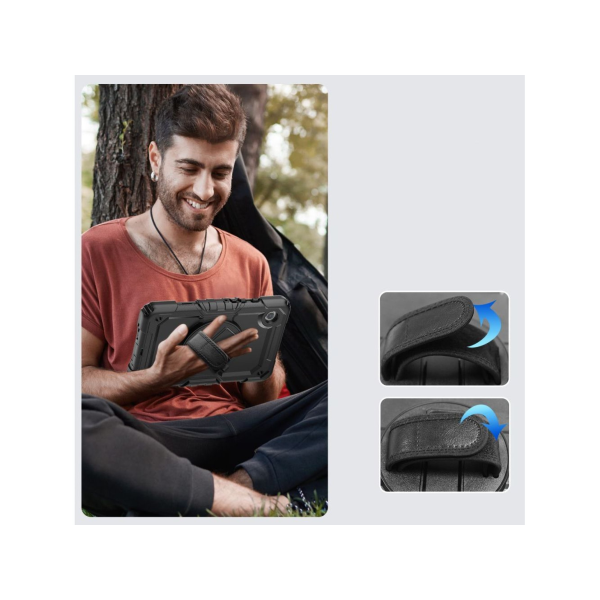 person enjoying using the tablet with the case, strap