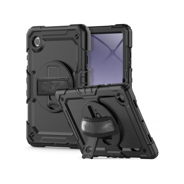 showcasing the tablet in three different ways with the case