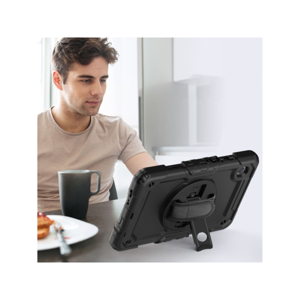 showing a person seeing something on the tablet whilst sitting down