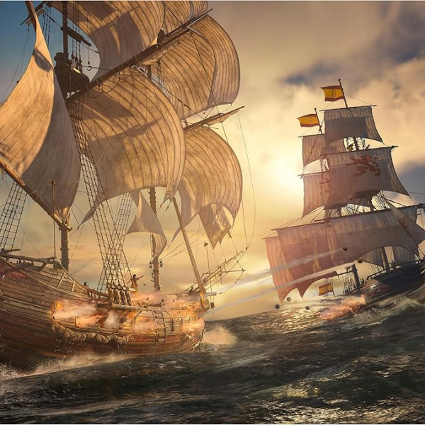 Scene from the gmae, ships battling each other