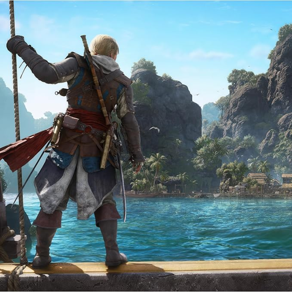 scene from the game main character looking out from a boat